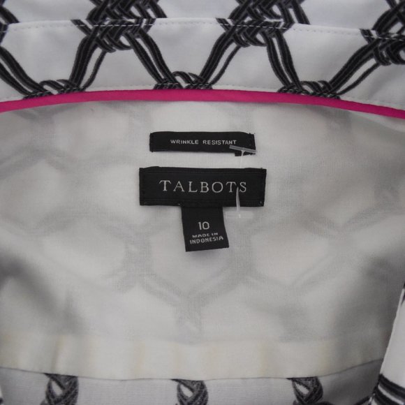 TALBOTS Top M/10 Button Down Blouse Black/White Print Stretch Shirt Casual - Picture 8 of 10
